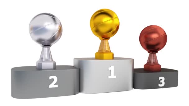 Voorste Weergave Van Basketbal Goud Zilver Brons Trofeeën Oneindige Rotatie — Stockvideo