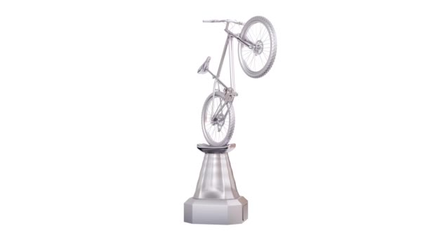 Främre Mountain Bike Silver Trophy Oändlig Rotation Vit Bakgrund — Stockvideo