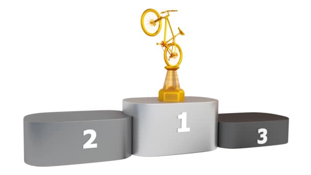 Dağ Bisikleti Altın Gümüş Bronz Kupa Görünümünde Görünür Podyumda Beyaz — Stok video