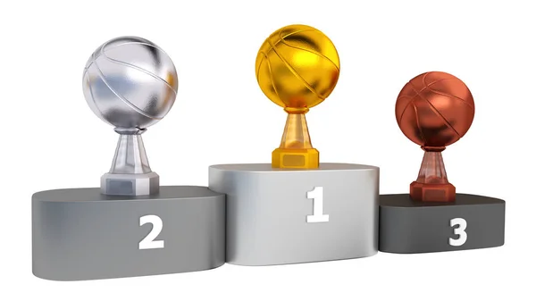 Basketball Gold Silver Bronze Trophies Podium White Background — Stock Photo, Image