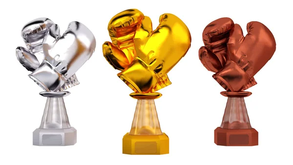 Front View Boxing Gold Silver Bronze Trophies White Background — Stock Photo, Image