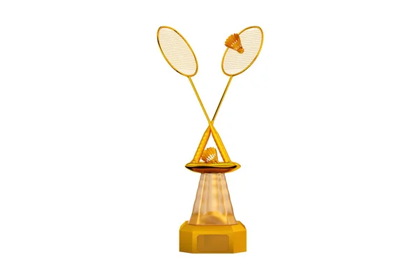 Front View Badminton Gold Trophy Shuttlecocks White Background — Stock Photo, Image