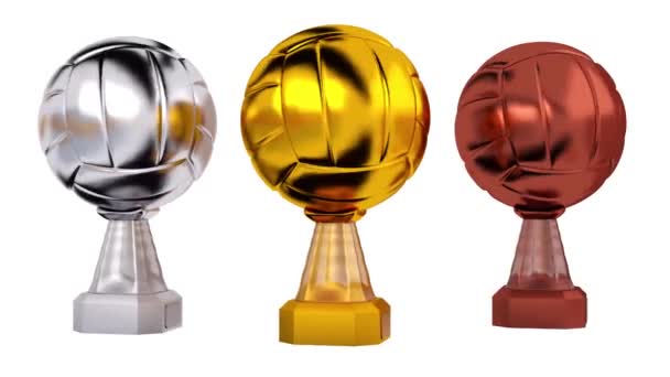 Передній Вигляд Волейболу Золоті Срібні Бронзові Трофеї Нескінченному Обертанні Білому — стокове відео