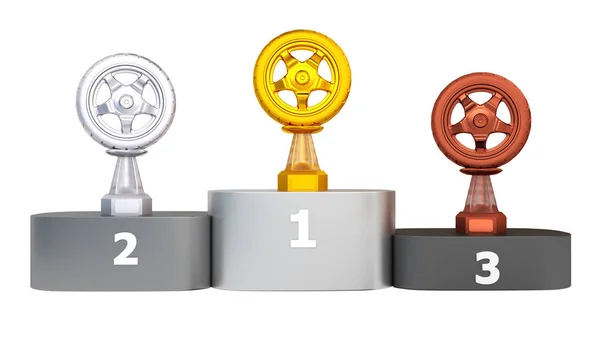 Front View of Sport Car Wheel Trophies on podium — Stock Photo, Image