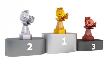 Beyaz arka plan ile podyumda el Dumbbell altın gümüş ve bronz kupa sonsuz dönüşümlü olarak görünümü