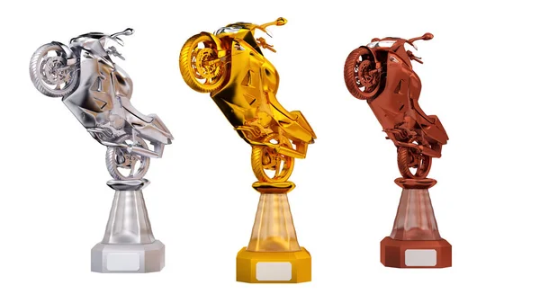 Vue de face des trophées Sport Motorbike Gold Silver et Bronze — Photo