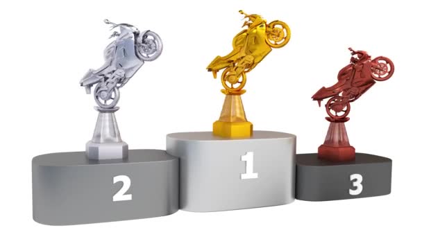 View Sport Motorbike Gold Silver Bronze Trophies Infinite Rotation Podium — Stock Video