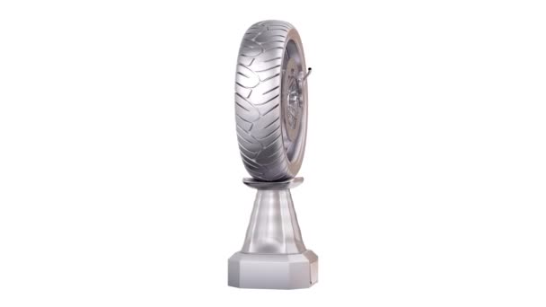 Front View Motorbike Wheel Silver Trophy Infinite Rotation White Background — Stok video