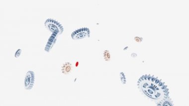 Birçok Turning Grey Gears beyaz bir arka plan üzerinde iki kırmızı küçük dişli ile kendilerini toplama