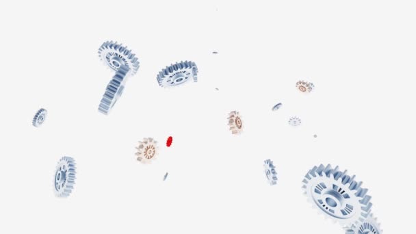 许多转向灰色齿轮收集自己与两个红色小齿轮在白色背景 — 图库视频影像