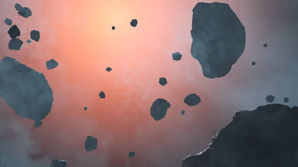 Bir yıldız kırmızı kızdırma w önünde Birkaç Küçük ve büyük Asteroit kayalar — Stok fotoğraf
