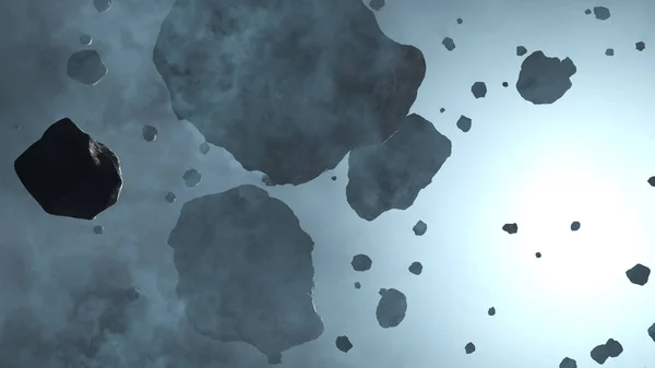 Wenige große und kleine Asteroidenfelsen vor einem Stern in kaltem Blau — Stockfoto