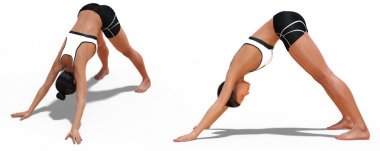 Sol Profil ve Ön Üç çeyrek Yoga Aşağı Bakan Köpek bir Kadının Pozlar