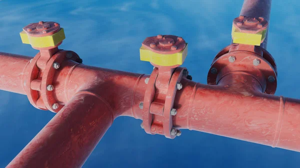 Three Sluice gates with Two connector on Large Red Frosted Pipes — Stock Photo, Image