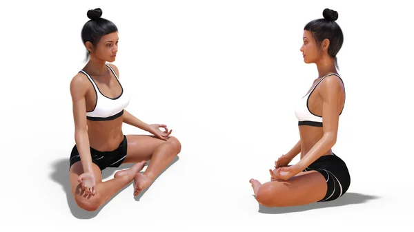 Posizioni frontali a tre quarti e profilo sinistro di una donna in Yoga E — Foto Stock