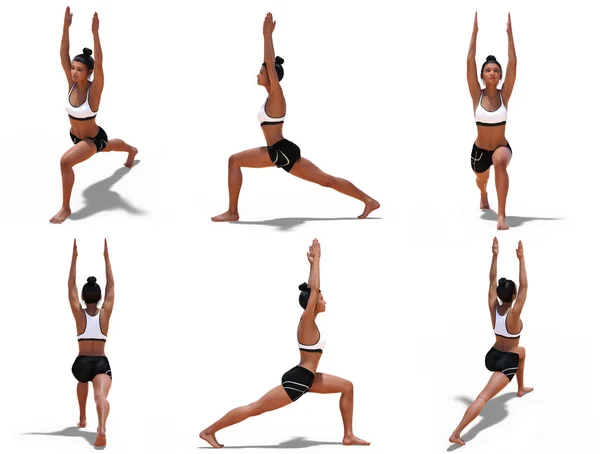 Femme en guerrier de yoga Une pose avec 6 angles de vue — Photo