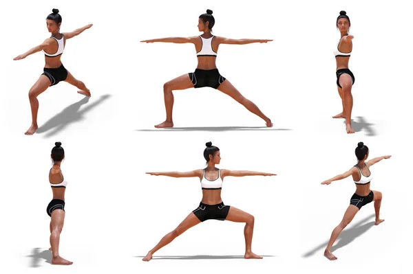 Frau im Yoga-Krieger zwei posiert mit 6 Blickwinkeln — Stockfoto