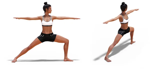Tillbaka tre fjärdedelar och rätt profil poser av en kvinna i yoga W — Stockfoto