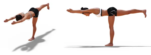 Främre tre fjärdedelar och vänster profil poser av en kvinna i yoga W — Stockfoto