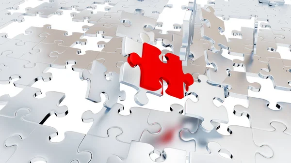 Several Chaotic Grey Puzzle pieces with many holes and one Red p — Stock Photo, Image
