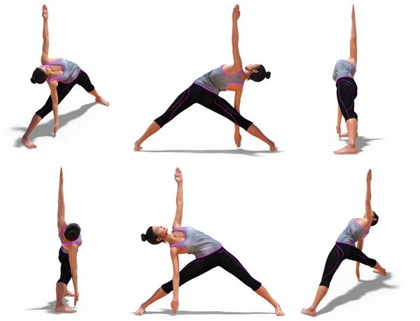Kvinna i yoga triangel pose med 6 vinklar av syn — Stockfoto