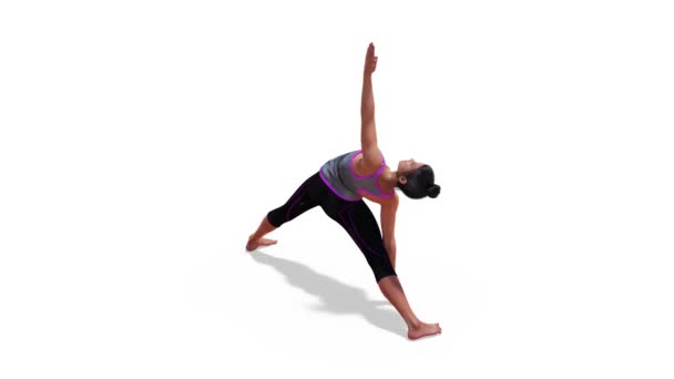 Frau Einem Yoga Dreieck Posiert Rotation Mit Weißem Hintergrund Und — Stockvideo