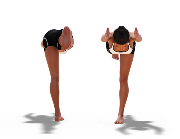 Posturas traseiras e dianteiras de uma mulher em Yoga guerreiro três dose — Fotografia de Stock