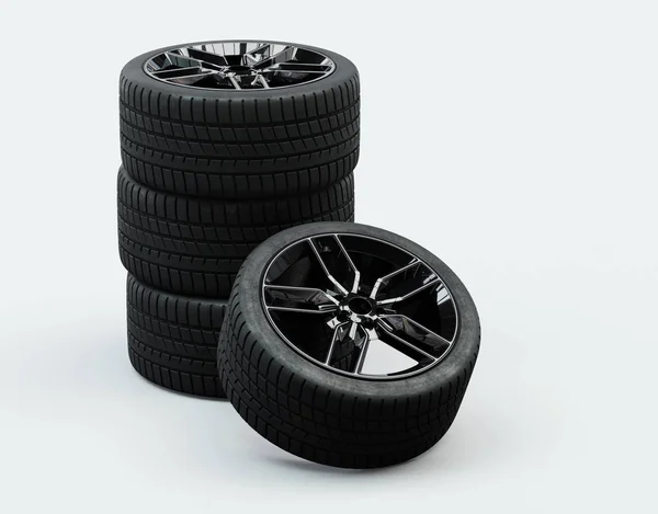 Närbild på fyra svarta och vita Sporthjul — Stockfoto