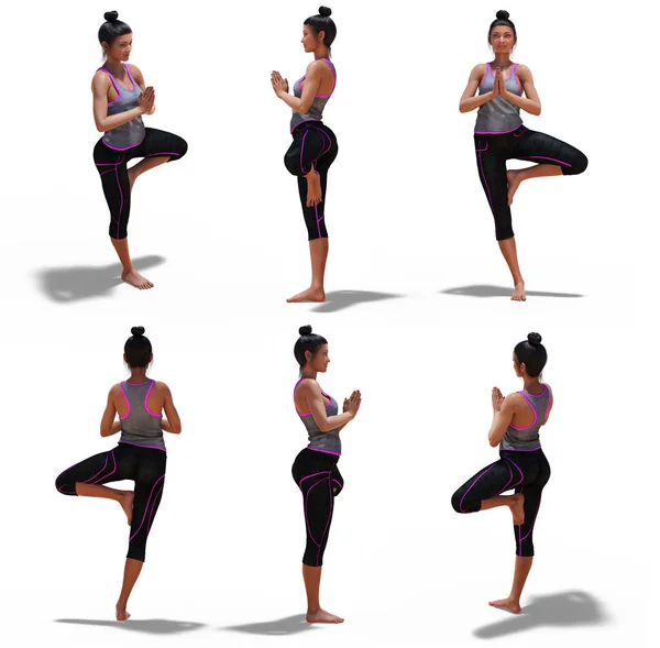 Postura de árbol de mujer en yoga con 6 ángulos de vista —  Fotos de Stock
