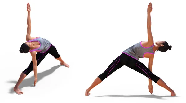 Frente de três quartos e perfil esquerdo Poses de uma mulher em Yoga T — Fotografia de Stock