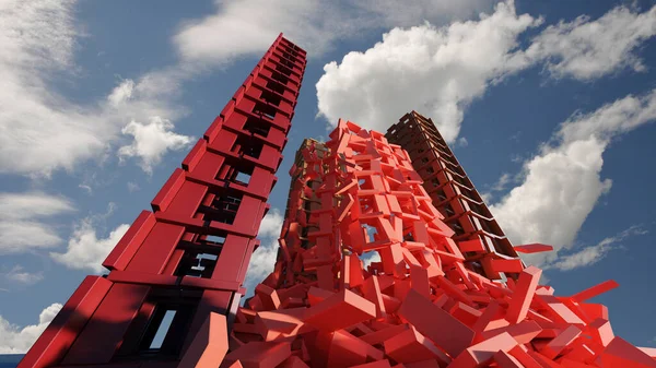 Fin de la chute de la tour principale des blocs dans quatre bâtiments — Photo