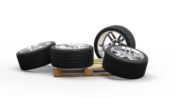 Four Sport Wheels Rim Jumble Standard Pallet Infinite Rotation White — Stock Video
