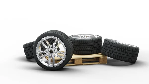 Four Sport Wheel with Rim in a jumble on a wood pallet — Stock Photo, Image
