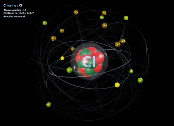 Atom Chlóru Detailním Jádrem Jeho Elektrony Černým Pozadím — Stock fotografie