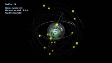 Sülfür atomu, siyah arkaplan ile sonsuz yörüngede 16 elektron.