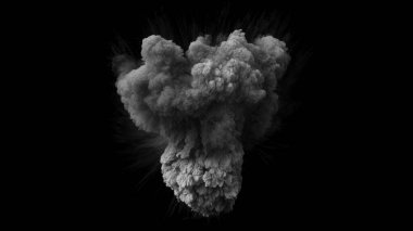 İzole edilmiş Büyük kaotik güçlü patlama yoğun dalgalı gri duman bulutu ile siyah arka planda