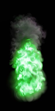 Yeşil alevlerle izole edilmiş uzun ateşin alçak açılı görüntüsü ve siyah arka planda yanan bir meşale gibi duman.