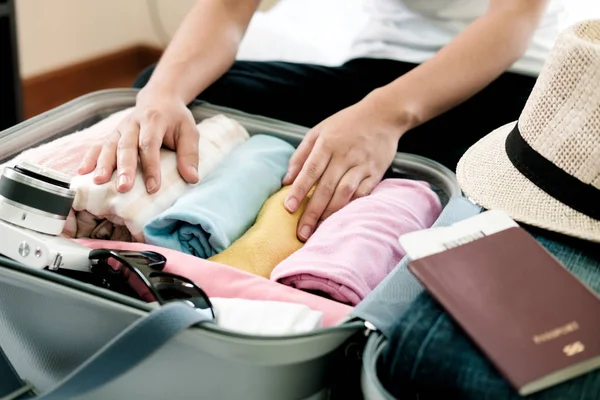 Preparation Vacation Travel Packing His Clothes Stuff Large Opened Suitcase — Stock Photo, Image