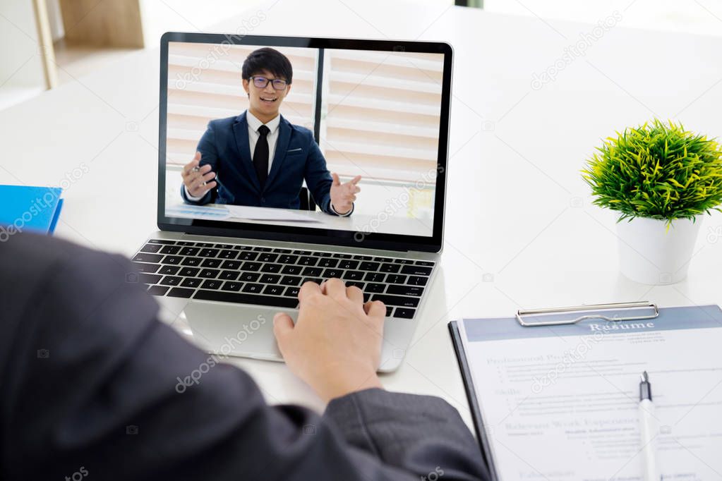 Business online concept. Online job interview. Businesspeople making video call for contacting client by conference, talking on webcam, online concultation. 