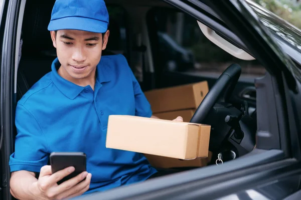 Delivery Driver Driving Car Packages Seat Warehouse — Stock Photo, Image