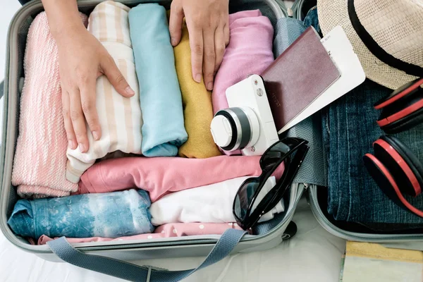 Preparation Vacation Travel Packing His Clothes Stuff Large Opened Suitcase — Stock Photo, Image