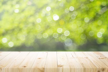 Doğa ormanının kökenli odak dışında yeşil bokeh ile mevcut ürün için boş tablo