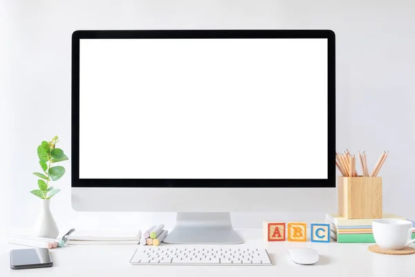 Mockup Blank Screen Monitor Desktop Computer Office Supplies — Stock Photo, Image