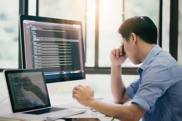 Stressed Young Programmer Software Developer Having Problems Code Bug Some — Stock Photo, Image