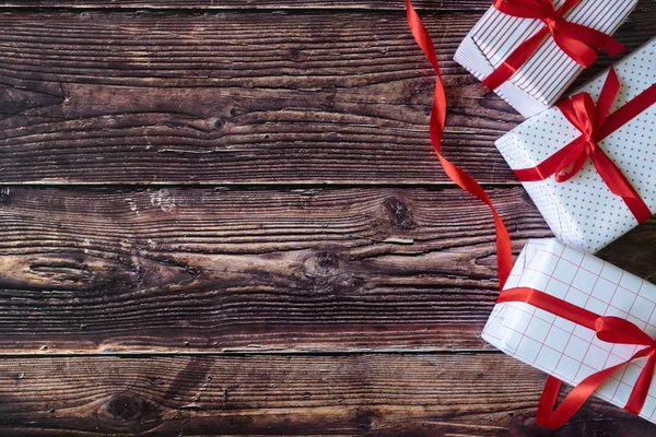 Cajas Regalo Navidad Sobre Fondo Mesa Madera Con Efecto Vintage — Foto de Stock