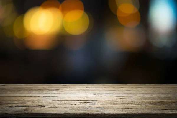 Lege Houten Tafel Platform Bokeh Nachts — Stockfoto