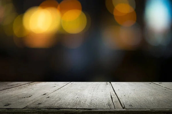 Lege Houten Tafel Platform Bokeh Nachts — Stockfoto