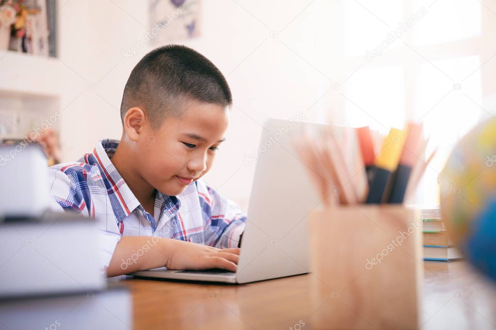 Back to School. Little boy using his laptop to learning online.