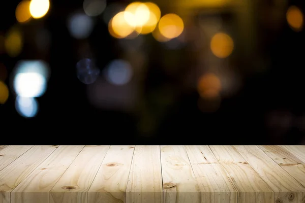 Prázdné Dřevěný Stůl Pro Současné Produkty Bokeh Noci Rozostření Pozadí — Stock fotografie