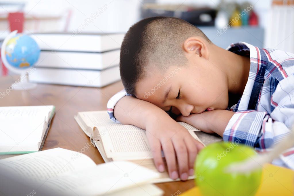 Tired boy sleeping on the book. Boring Studies. Tired of Homework. Education and child concept.